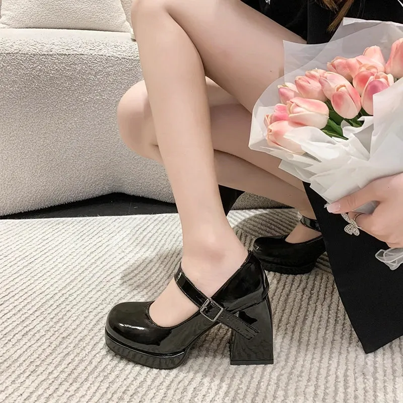 Hnzxzm Fashion Ankle Buckle Square Heels Pumps Women Patent Leather Platform Mary Jane Shoes Woman Sexy Super High Heel Party Shoes