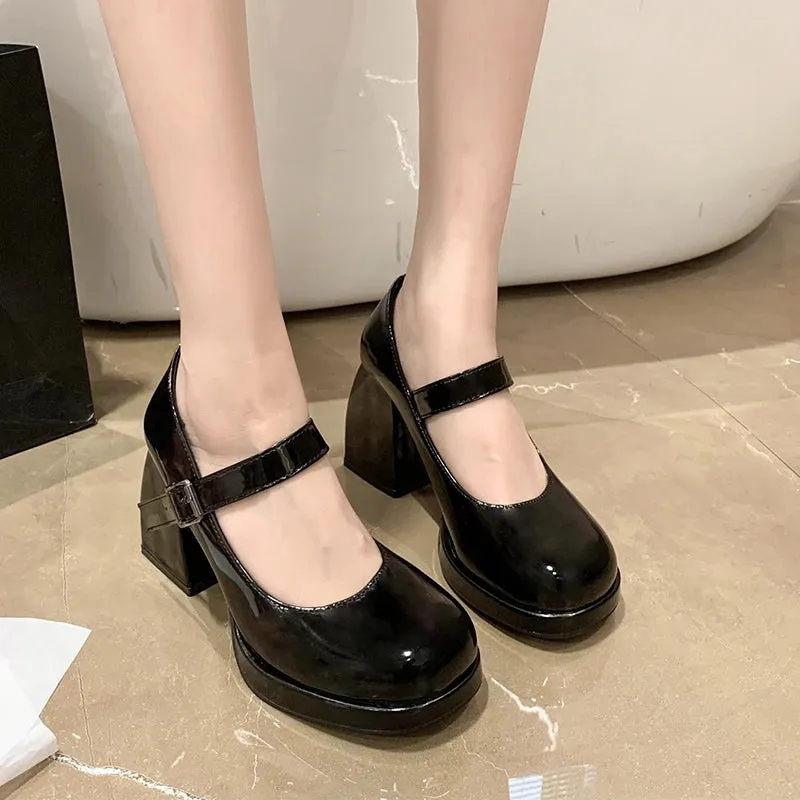 Hnzxzm Fashion Ankle Buckle Square Heels Pumps Women Patent Leather Platform Mary Jane Shoes Woman Sexy Super High Heel Party Shoes