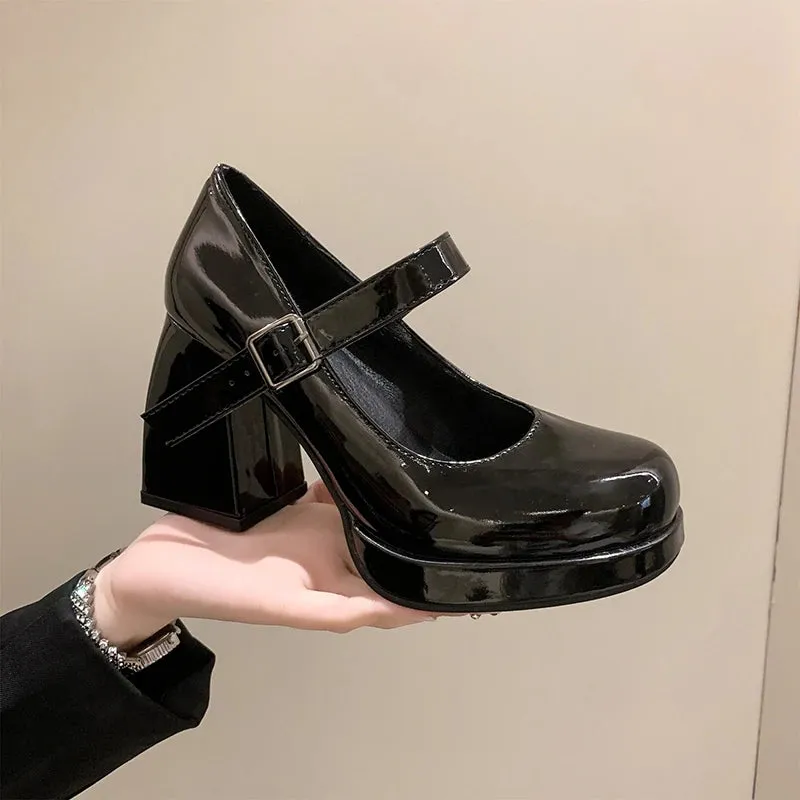 Hnzxzm Fashion Ankle Buckle Square Heels Pumps Women Patent Leather Platform Mary Jane Shoes Woman Sexy Super High Heel Party Shoes