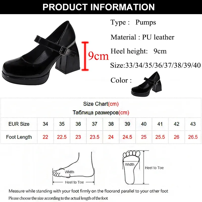 Hnzxzm Fashion Ankle Buckle Square Heels Pumps Women Patent Leather Platform Mary Jane Shoes Woman Sexy Super High Heel Party Shoes