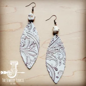 Leather Oval Earrings in Oyster Paisley w/ Turquoise Accent 207f