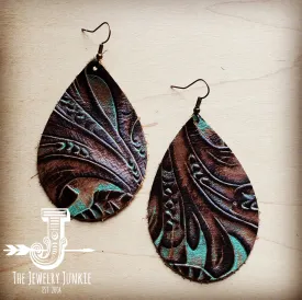 Leather Teardrop Earrings in Turquoise Brown Floral 203d