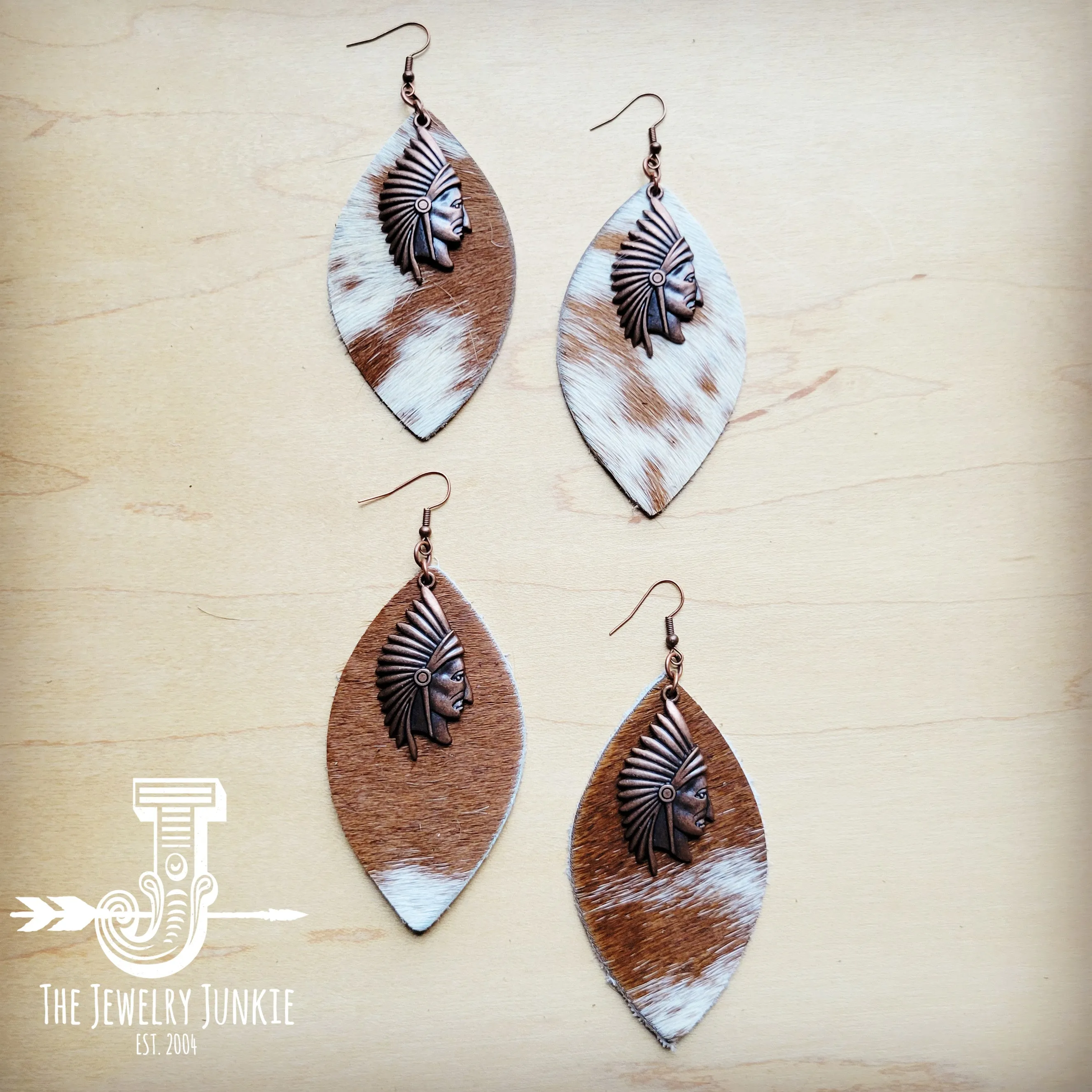 Tan & White Leather Hide Earrings w/ Indian 220k